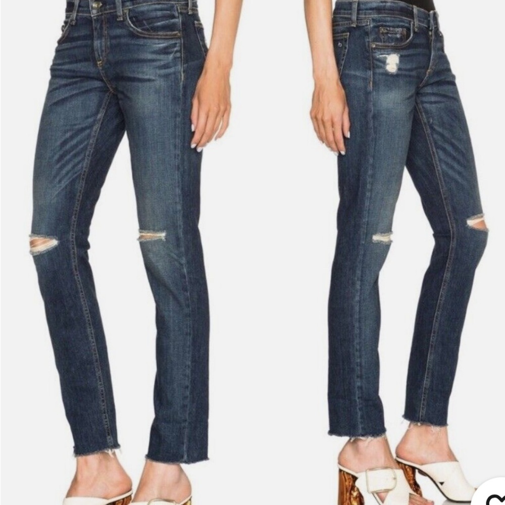Rag & Bone Blue Straight Leg Jeans with Distressed Details